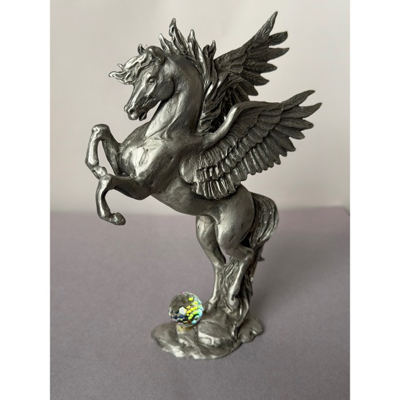 Vintage Pewter Pegasus Figurine Rearing Winged Horse Crystal Ball Fantasy Decor - Picture 6 of 10
